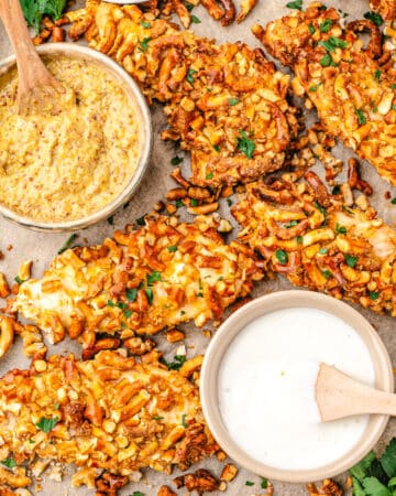 Chicken strips coated in crushed pretzels and baked to golden brown.
