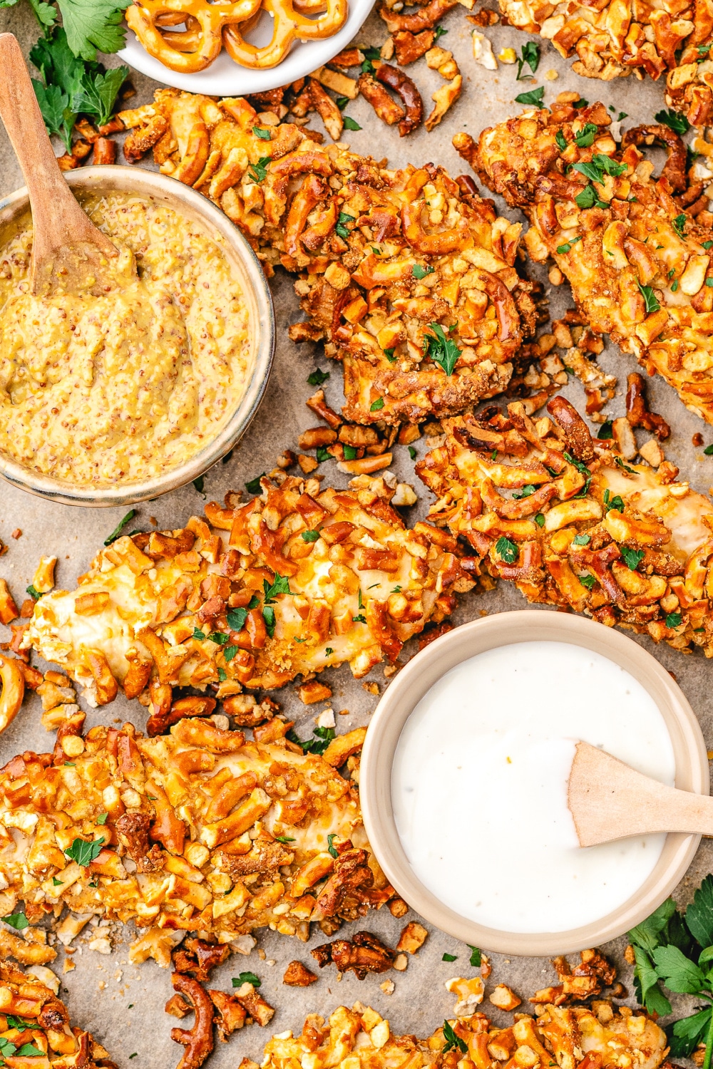 Chicken strips coated in crushed pretzels and baked to golden brown. 
